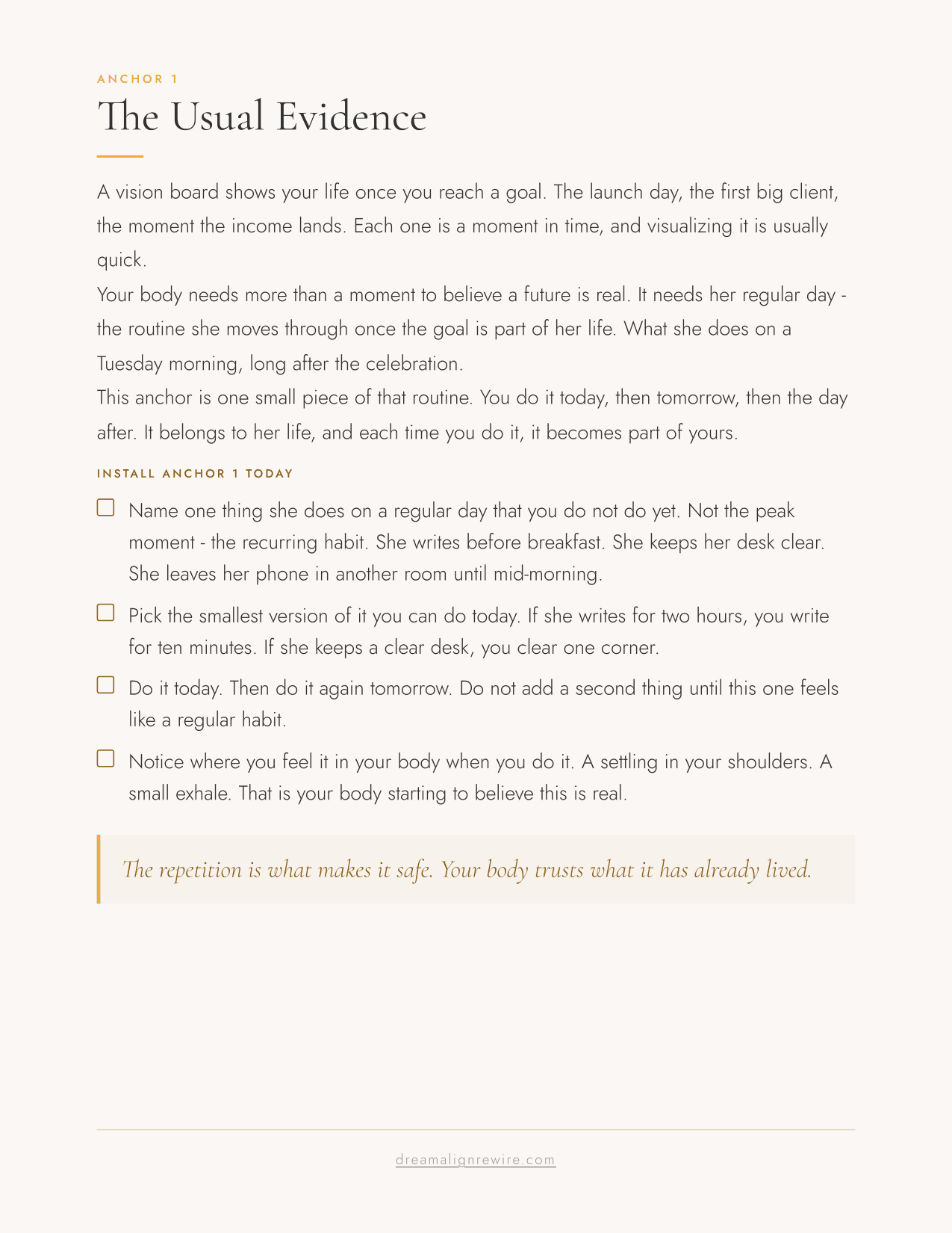 Your Three Safety Anchors, an 11-page checklist from Dream Align Rewire - preview page 1