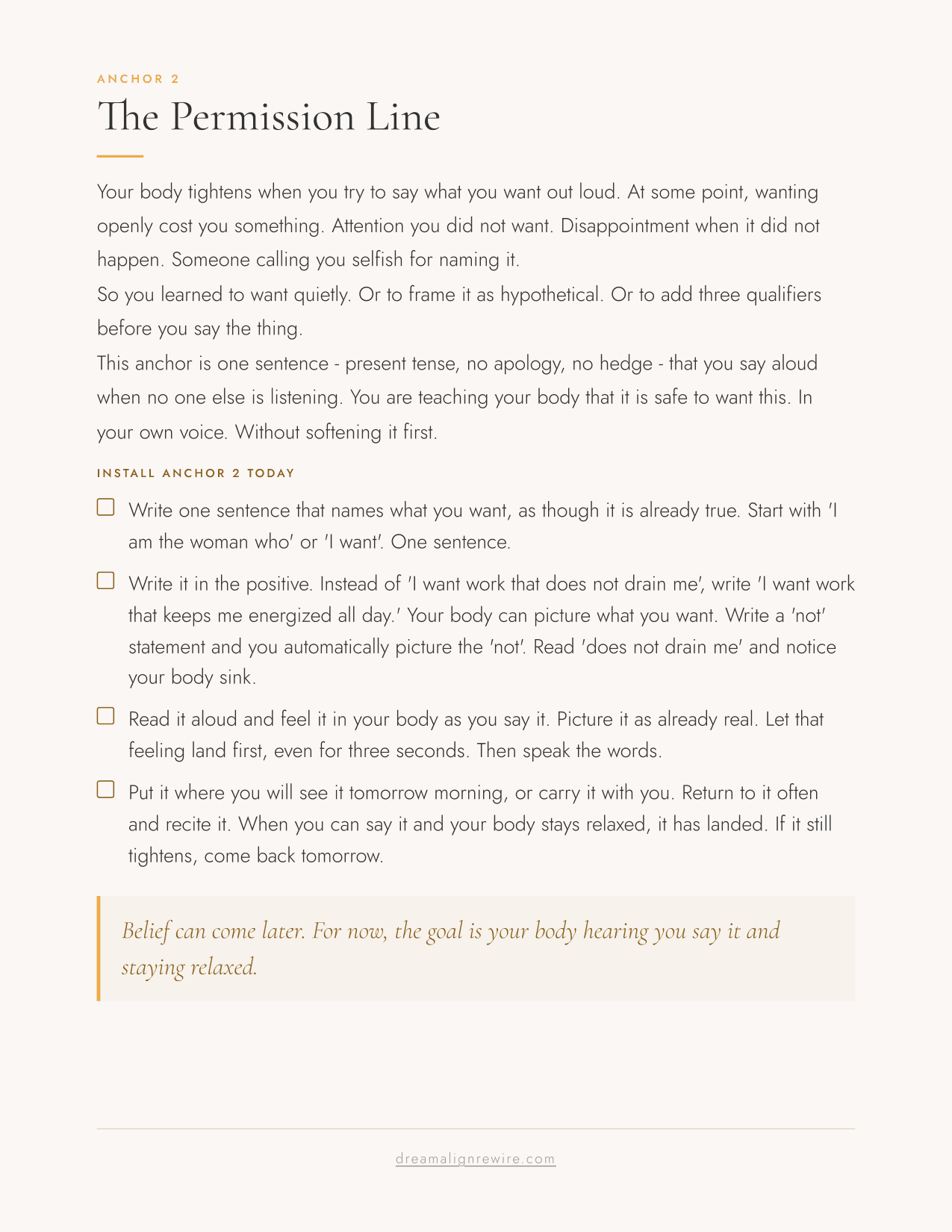 Your Three Safety Anchors, an 11-page checklist from Dream Align Rewire - preview page 2