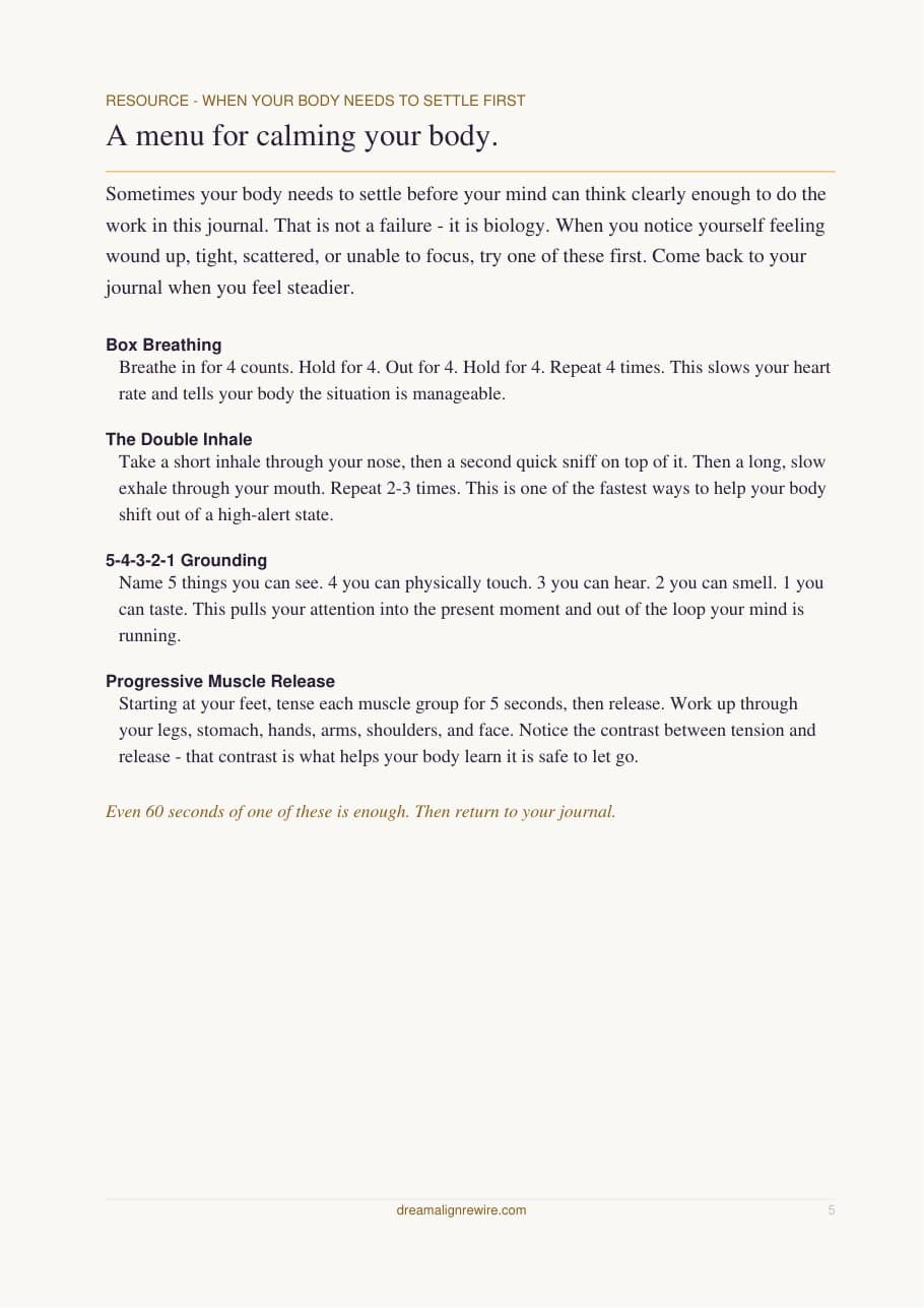 A menu of body-calming tools from My Evidence Journal