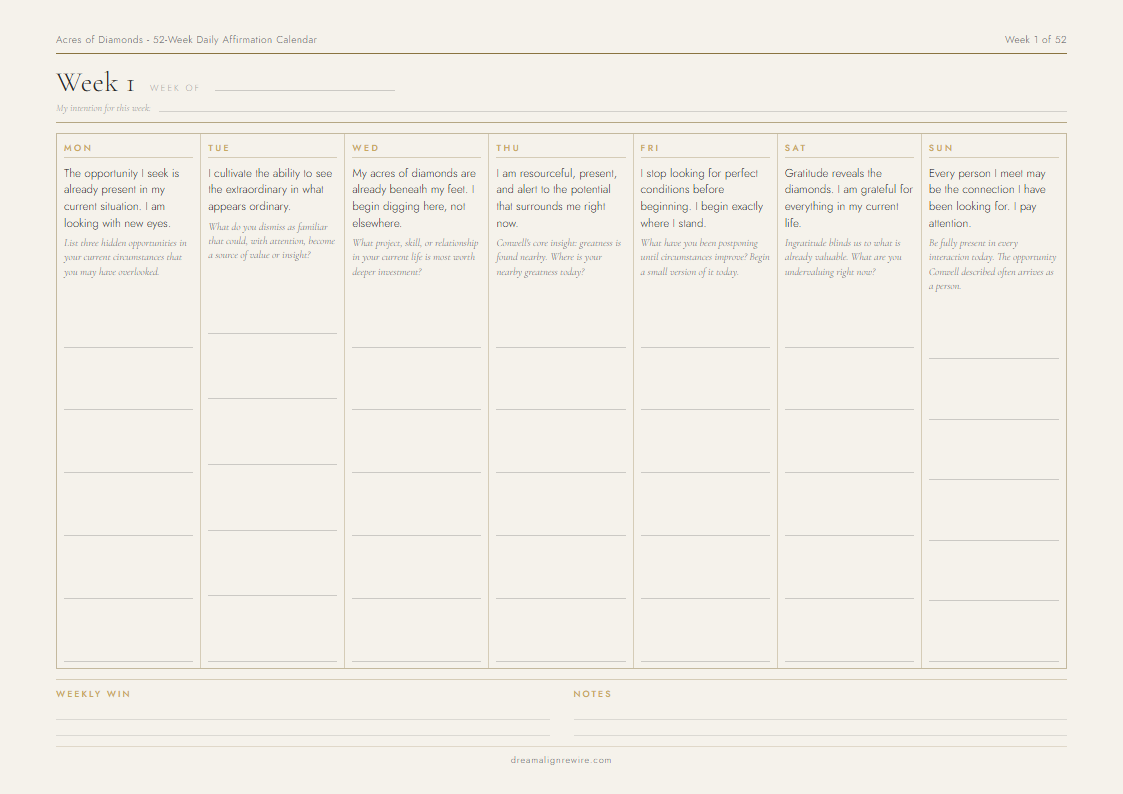 Inside the Acres of Diamonds 52-Week Daily Affirmation Calendar - sample weekly page