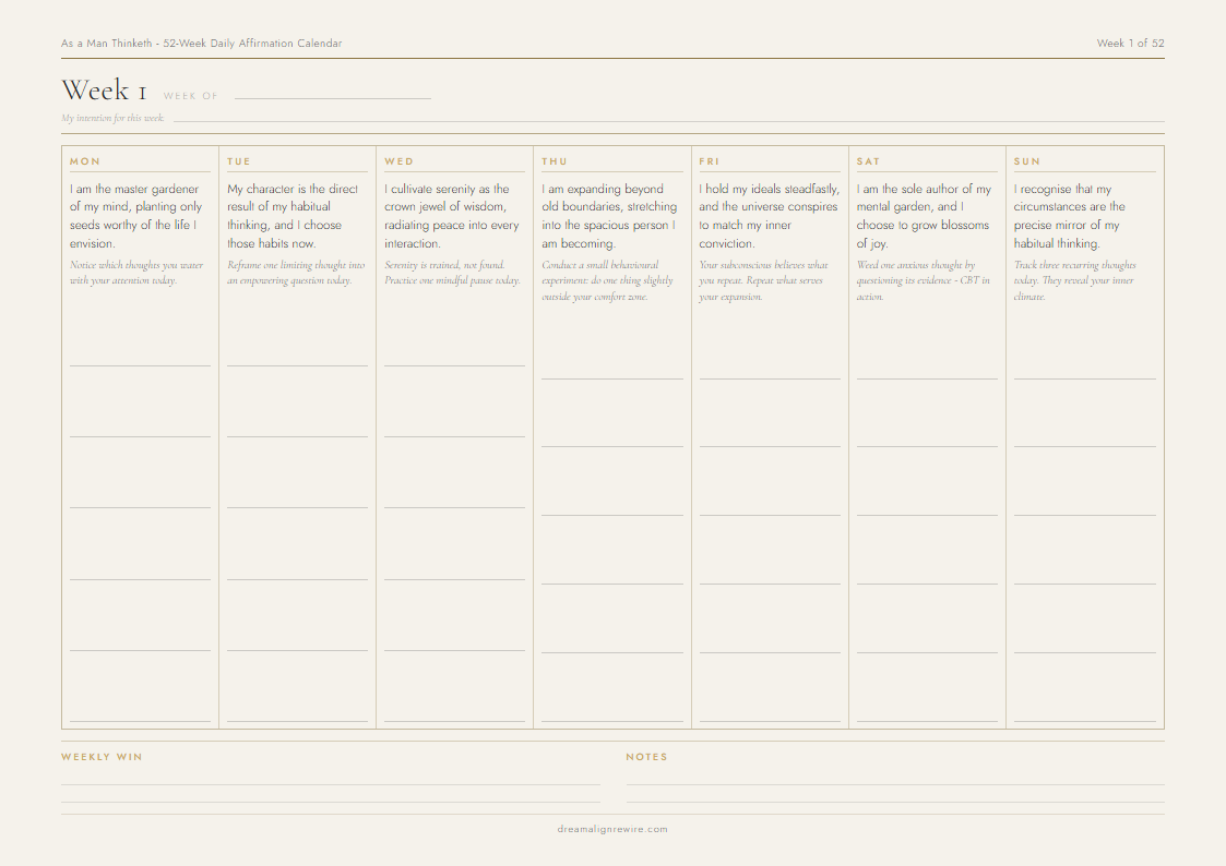 Inside the As a Man Thinketh 52-Week Daily Affirmation Calendar - sample weekly page