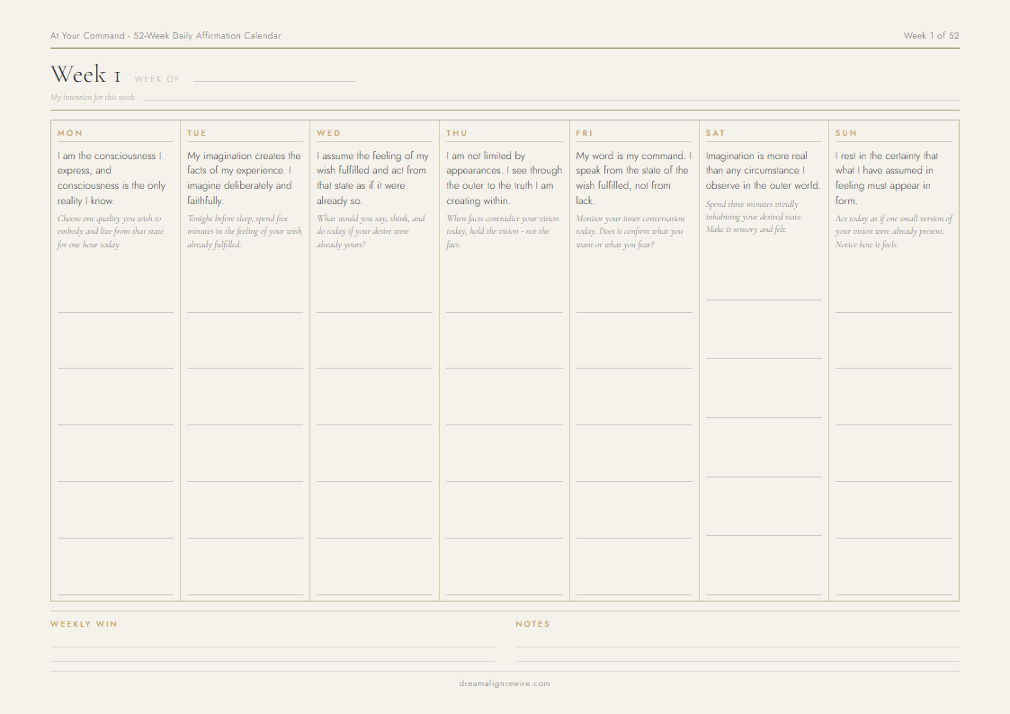Inside the At Your Command 52-Week Daily Affirmation Calendar - sample weekly page