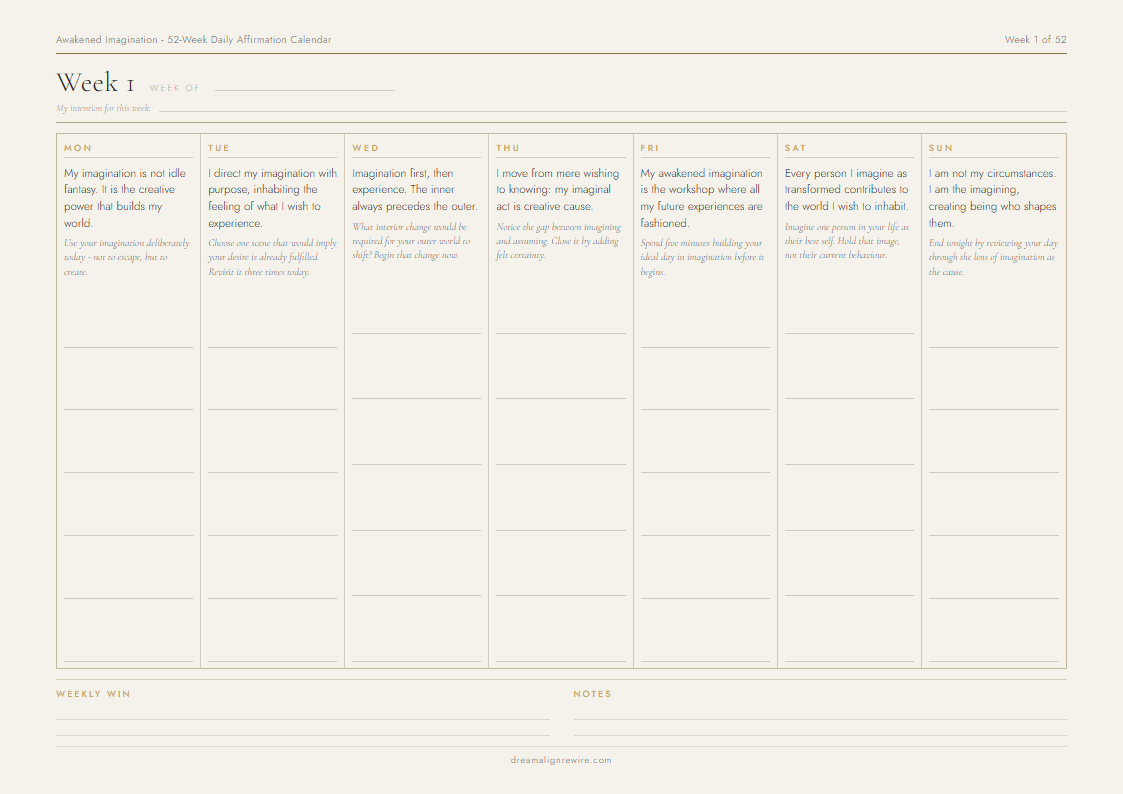 Inside the Awakened Imagination 52-Week Daily Affirmation Calendar - sample weekly page