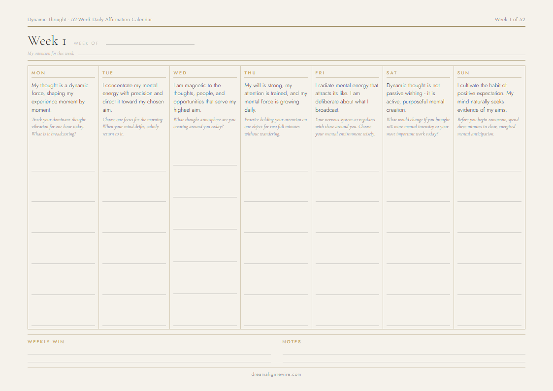 Inside the Dynamic Thought 52-Week Daily Affirmation Calendar - sample weekly page