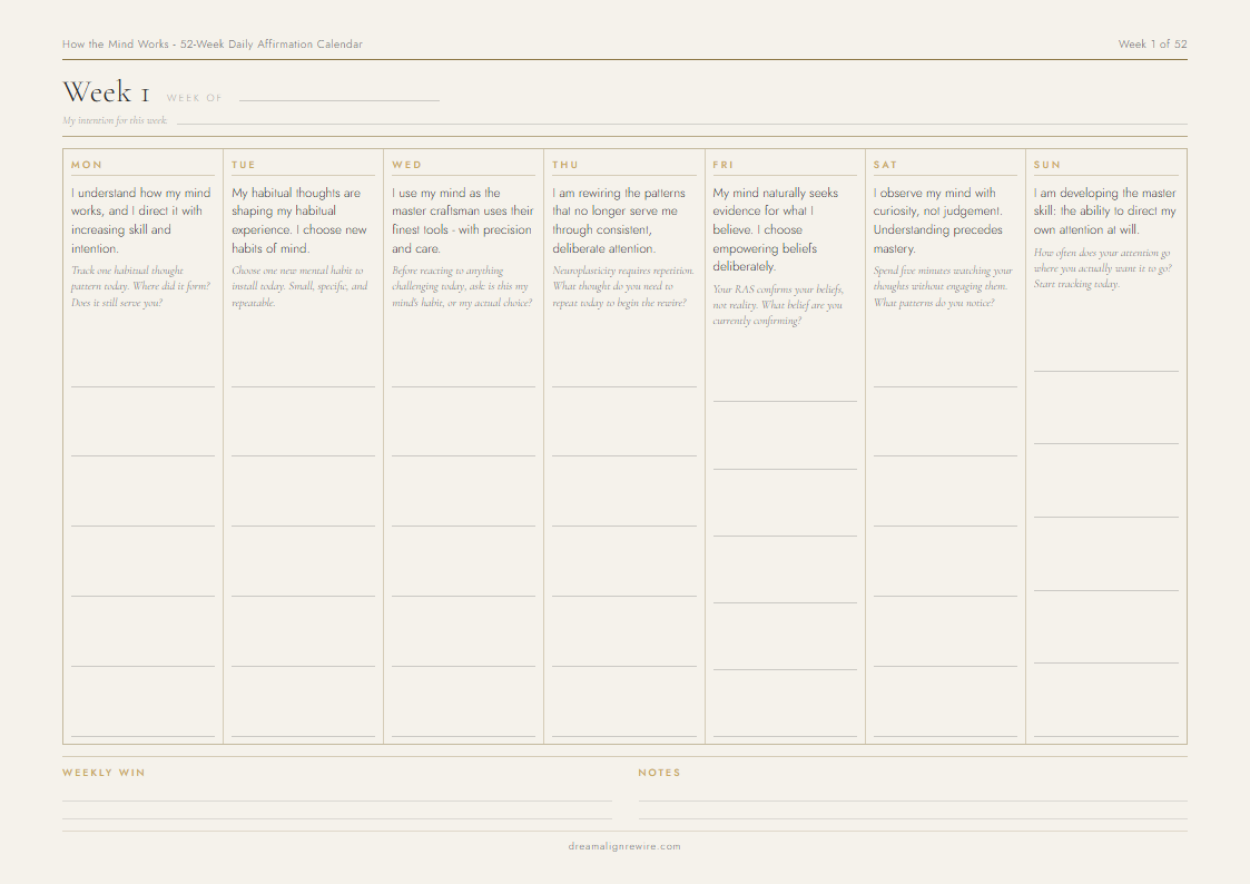 Inside the How The Mind Works 52-Week Daily Affirmation Calendar - sample weekly page