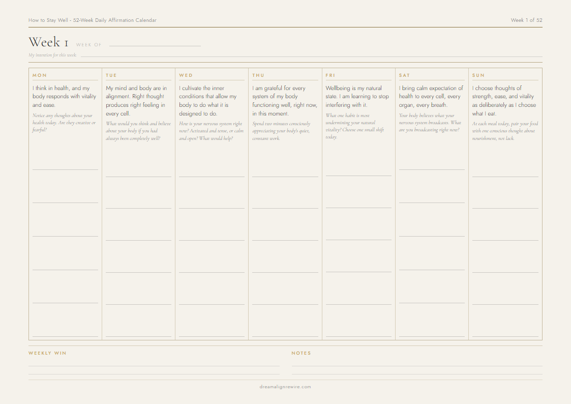 Inside the How to Stay Well 52-Week Daily Affirmation Calendar - sample weekly page