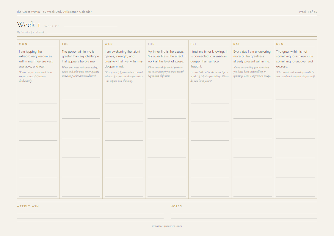 Inside the The Great Within 52-Week Daily Affirmation Calendar - sample weekly page