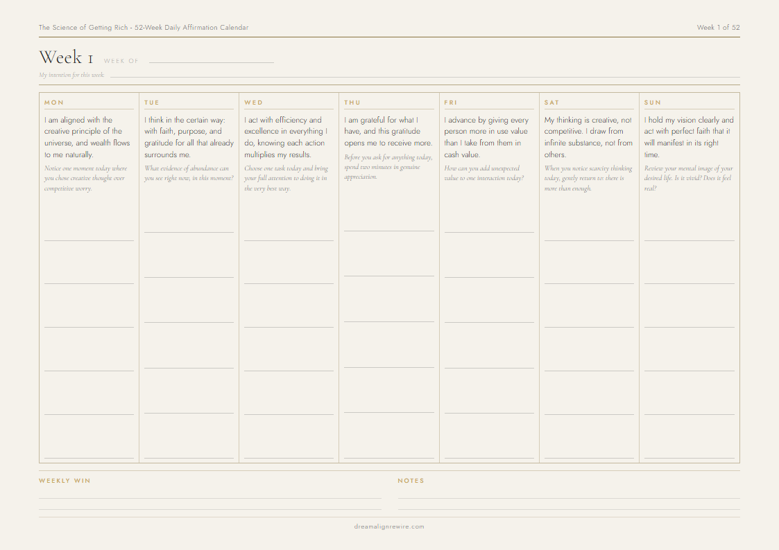 Inside the The Science of Getting Rich 52-Week Daily Affirmation Calendar - sample weekly page