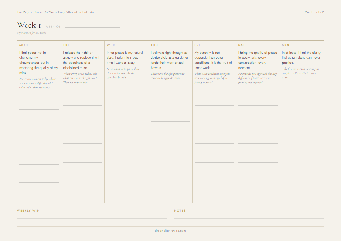 Inside the The Way of Peace 52-Week Daily Affirmation Calendar - sample weekly page