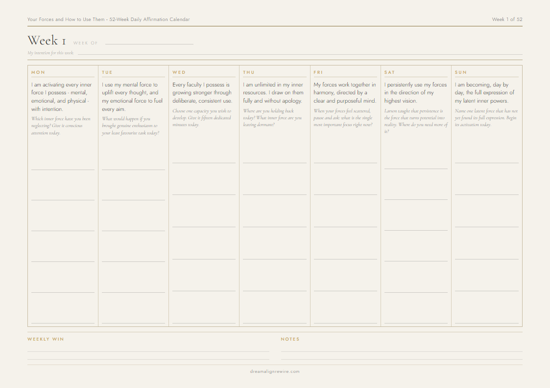 Inside the Your Forces and How to Use Them 52-Week Daily Affirmation Calendar - sample weekly page
