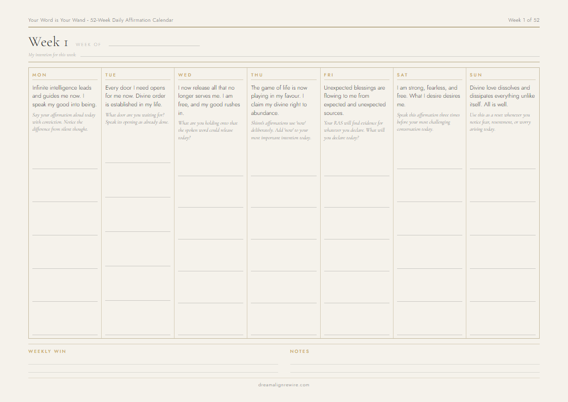 Inside the Your Word is Your Wand 52-Week Daily Affirmation Calendar - sample weekly page