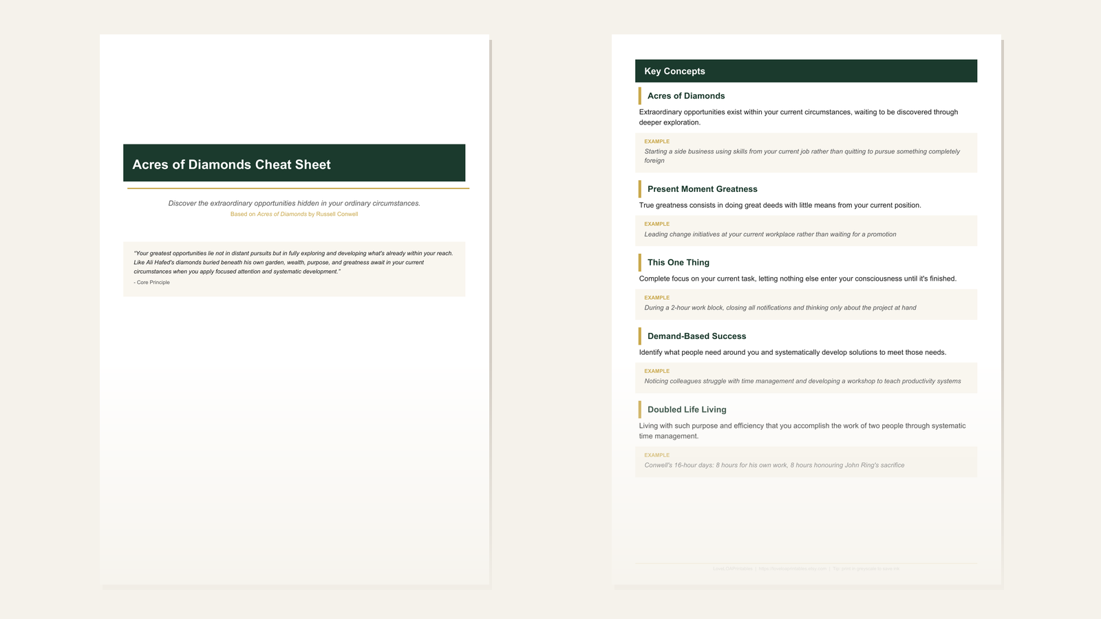 Inside the Acres of Diamonds Quick-Start Cheat Sheets - interior preview