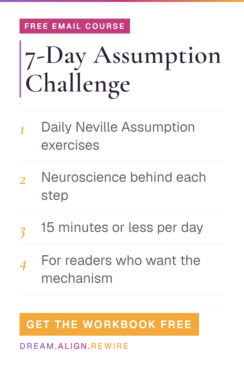 Free 7-Day Assumption Challenge workbook cover from Dream Align Rewire
